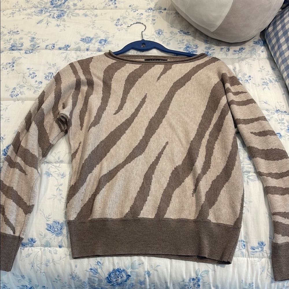 Tahari Beige and Brown Zebra Print Long Sleeve Top